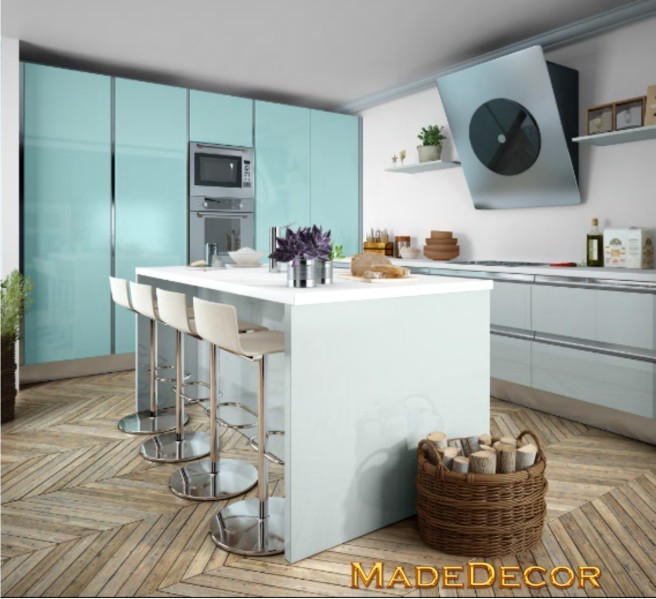 Laminado Baja Presión MDF Lacado: Luxemburgo Alto Brillo-Aguamarina/Gris Claro